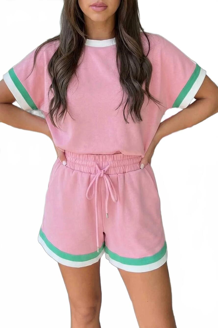 NEW SHEWIN striped trim casual tee and drawstring shorts set in pink